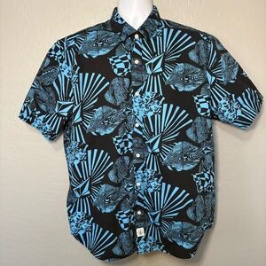 Volcom Classic Fit Black and Blue Graphic Short Sleeve Button Down Size XL
